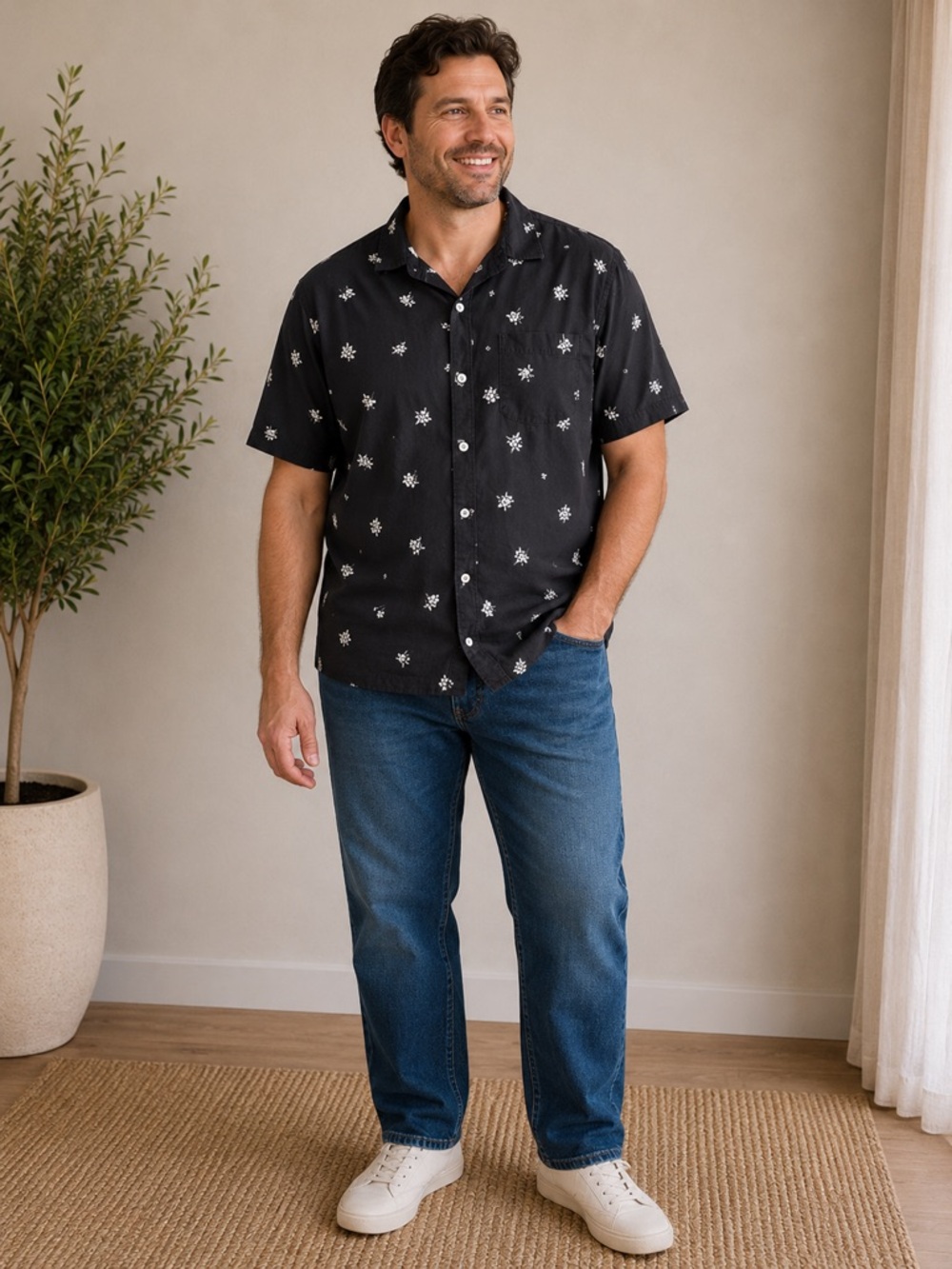GAP Slim Fit‎ Stretch Poplin Floral Button Up Shirt Men's Large Black White